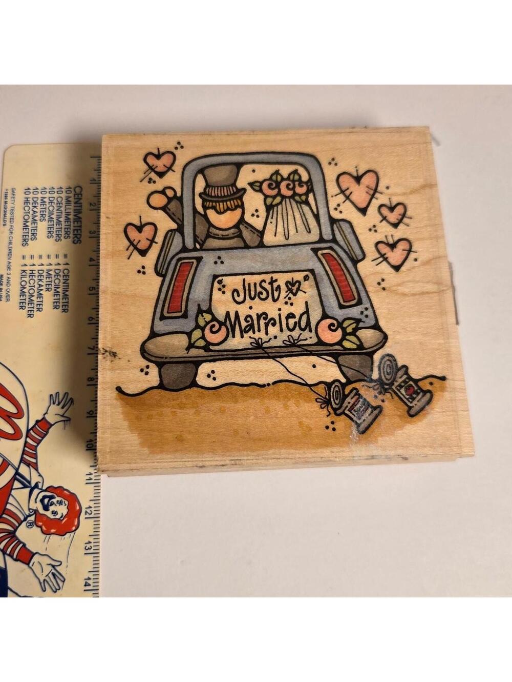 Wooden rubber stamp "just married" cute wedding stamp